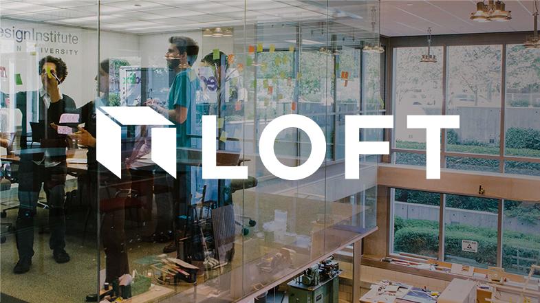 Picture of students and professors in a modern college building with the Loft.io logo overlayed.