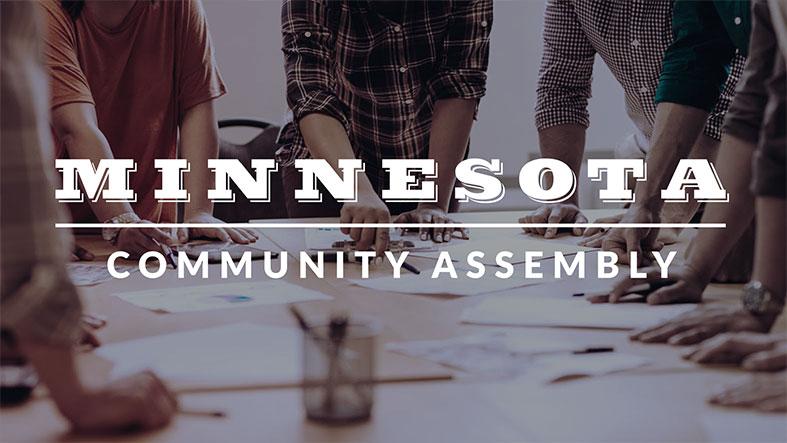 Picture of people with their sleeves rolled up, pointing at a table with the Minnesota Community Assembly logo overlayed.